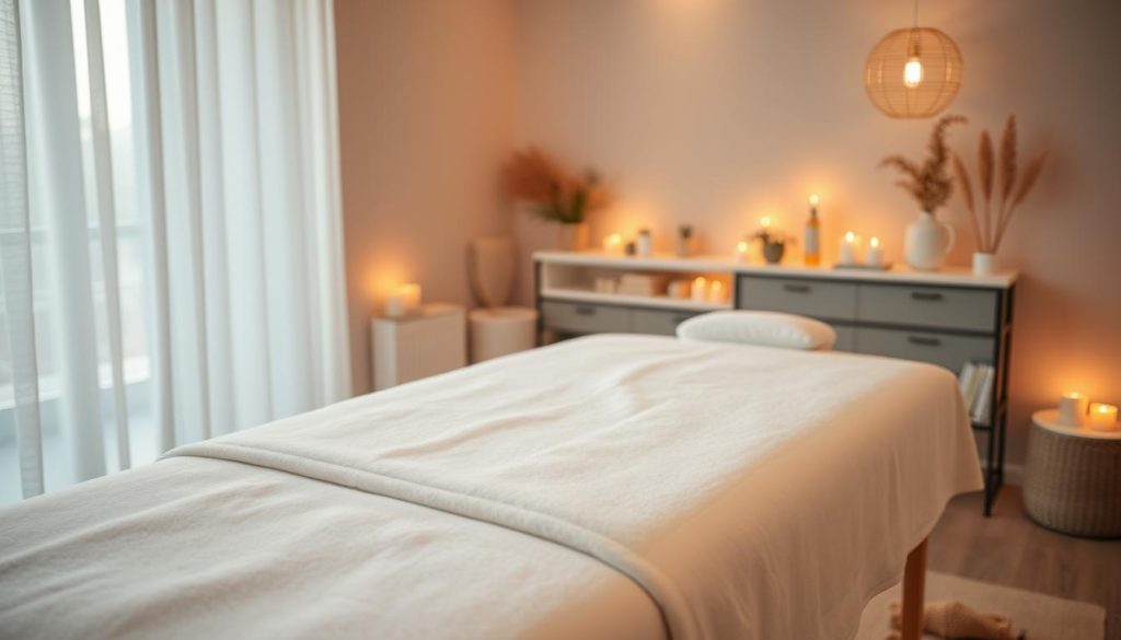 A serene and inviting interior of a cozy Istanbul boutique spa, featuring a luxurious Swedish massage table adorned with soft, plush linens. The ambient lighting casts a warm, soothing glow, creating a tranquil atmosphere. The middle ground showcases an array of natural, organic massage oils and candles, while the background features minimalist, Scandinavian-inspired decor elements, such as potted plants and neutral-toned accents. The overall composition conveys a sense of restorative calm and indulgent self-care, perfectly capturing the essence of a premier boutique massage experience in the heart of Istanbul.