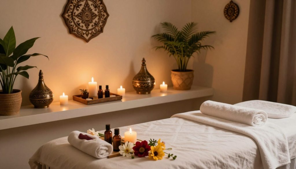 A serene and inviting interior of a massage studio in Istanbul, showcasing various alternative massage options. In the foreground, a beautifully arranged massage table adorned with fresh flowers and essential oils, exuding a sense of tranquility and relaxation. The middle layer features a soothing environment with aromatic candles, soft lighting, and calming decor inspired by traditional Turkish motifs, providing a unique touch. In the background, there's an array of natural elements such as potted plants and flowing fabrics, enhancing the peaceful atmosphere. The overall lighting is warm and gentle, casting soft shadows that evoke a sense of calm and serenity. The image captures the essence of wellness and alternative treatments available in Istanbul’s massage scene.
