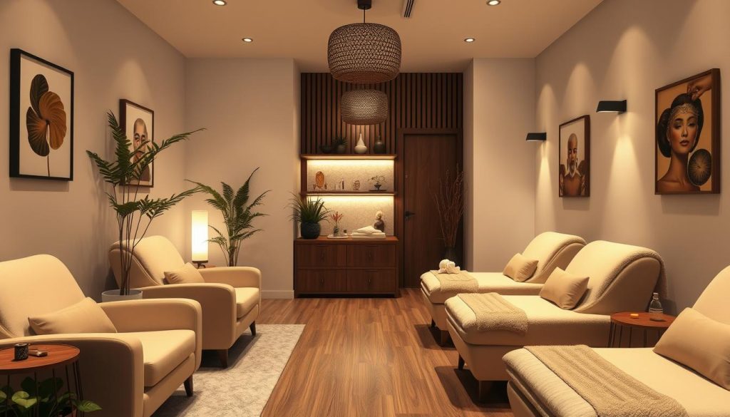 A serene and inviting massage center in Istanbul, with soft lighting, plush chairs, and calming decor. The space features a zen-like atmosphere, with natural elements like plants and wooden accents. Clients can enjoy a rejuvenating massage, leaving the stresses of the workday behind. The scene evokes a sense of tranquility and relaxation, highlighting the appeal of these oases of calm amidst the bustling city.