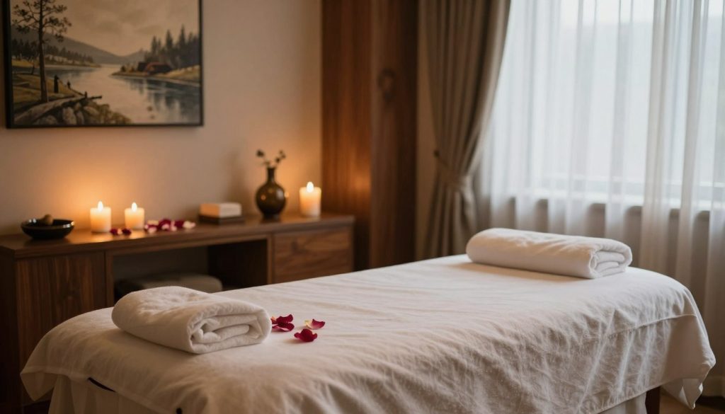 A serene and inviting massage room in a luxurious Istanbul spa setting. In the foreground, a plush, softly lit massage table adorned with aromatic candles and gentle petals, creating an atmosphere of calm and trust. The middle ground features elegant décor, including warm wooden accents and soothing artwork depicting natural landscapes, fostering a sense of security. The background showcases softly flowing curtains that diffuse natural light, enhancing the peaceful ambiance. The overall lighting is warm and inviting, creating a serene mood that emphasizes comfort and confidence. No humans are present; the focus is on the tranquil environment, embodying the essence of trust in a massage experience.