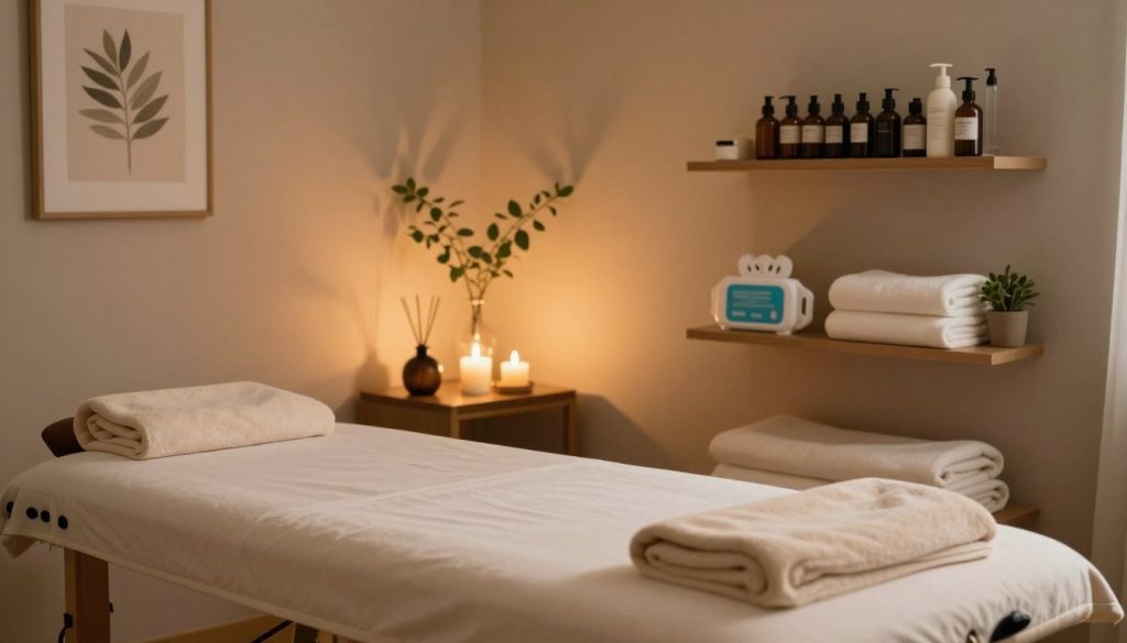 A serene and inviting massage therapy room, designed for pre-session preparation. The foreground showcases a neatly made massage table adorned with a soft, plush towel and soothing natural elements like small candles and an essential oil diffuser. In the middle, a warm, ambient light softly illuminates the space, highlighting delicate plants and calming artwork on the walls. The background features a clean and organized shelf stocked with massage oils and hygiene essentials, such as disinfectant wipes and fresh linens. The overall atmosphere conveys tranquility and readiness, with a color palette of warm earth tones, creating a peaceful mood conducive to relaxation and wellness. The image should capture the essence of preparation for a healthy massage session, emphasizing cleanliness and a welcoming environment. A serene and inviting massage therapy room, designed for pre-session preparation. The foreground showcases a neatly made massage table adorned with a soft, plush towel and soothing natural elements like small candles and an essential oil diffuser. In the middle, a warm, ambient light softly illuminates the space, highlighting delicate plants and calming artwork on the walls. The background features a clean and organized shelf stocked with massage oils and hygiene essentials, such as disinfectant wipes and fresh linens. The overall atmosphere conveys tranquility and readiness, with a color palette of warm earth tones, creating a peaceful mood conducive to relaxation and wellness. The image should capture the essence of preparation for a healthy massage session, emphasizing cleanliness and a welcoming environment.