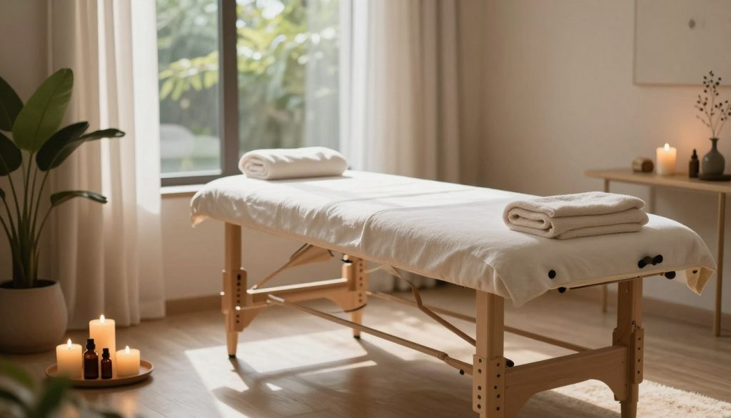 A serene and inviting massage therapy room filled with natural light, showcasing a massage table neatly arranged with soft towels and calming essential oil bottles. In the foreground, a delicate arrangement of aromatic candles and potted plants adds a touch of tranquility, while calming, neutral colors dominate the decor, creating a peaceful ambiance. In the middle ground, the massage table is highlighted, surrounded by gentle, flowing curtains that sway slightly with a soft breeze, enhancing the relaxing atmosphere. In the background, a large window reveals a soft, green outdoor view, suggesting a connection with nature. The overall mood is soothing and rejuvenating, symbolizing the health benefits of massage therapy. The lighting is warm and inviting, creating shadows that further enhance the peaceful environment. A serene and inviting massage therapy room filled with natural light, showcasing a massage table neatly arranged with soft towels and calming essential oil bottles. In the foreground, a delicate arrangement of aromatic candles and potted plants adds a touch of tranquility, while calming, neutral colors dominate the decor, creating a peaceful ambiance. In the middle ground, the massage table is highlighted, surrounded by gentle, flowing curtains that sway slightly with a soft breeze, enhancing the relaxing atmosphere. In the background, a large window reveals a soft, green outdoor view, suggesting a connection with nature. The overall mood is soothing and rejuvenating, symbolizing the health benefits of massage therapy. The lighting is warm and inviting, creating shadows that further enhance the peaceful environment.