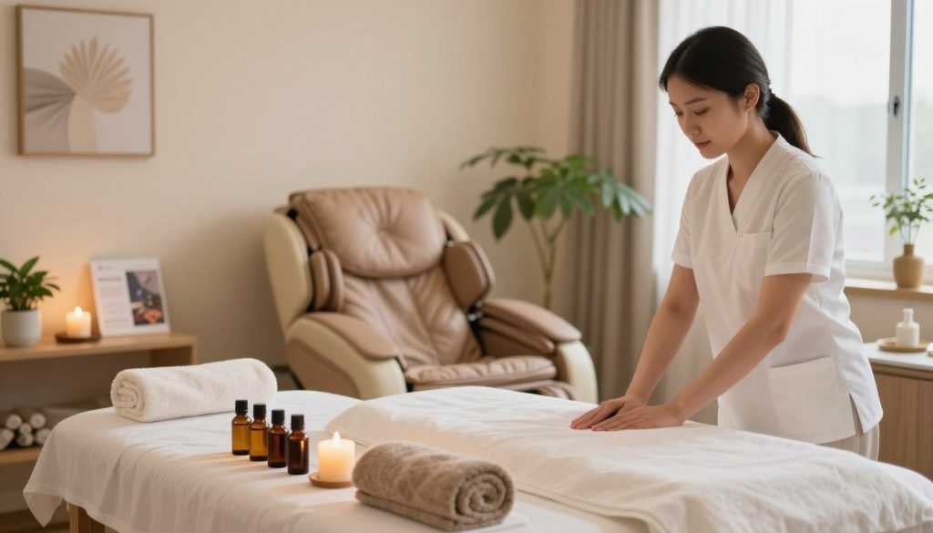 A serene and inviting massage therapy room, focused on the preparation process for selecting the right massage therapist. In the foreground, a neatly arranged table with essential oils, fresh towels, and soothing candles. The middle features a comfortable massage chair, surrounded by a few wellness brochures and a potted plant for a touch of nature. In the background, soft ambient lighting illuminates the space, creating a calming atmosphere. The walls are adorned with calming artwork, and there is a window letting in gentle natural light. The overall mood conveys tranquility, professionalism, and a focus on personal well-being, representing the importance of preparing for a massage therapist consultation.