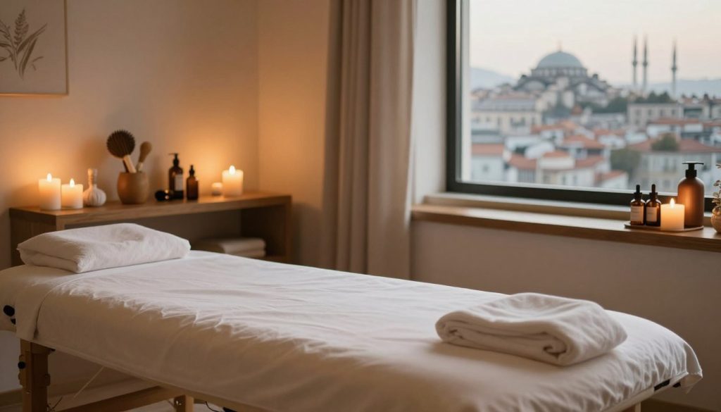 A serene and inviting massage therapy room in Istanbul, showcasing an elegant ambiance. In the foreground, a massage table is neatly made with soft, luxurious linens. Decorative elements such as scented candles and essential oil bottles create a calming atmosphere. In the middle, a wooden shelf displays various massage tools and products, emphasizing quality and value. The background features warm lighting that casts a soothing glow, a subtle view of Istanbul's skyline through a large window, highlighting the city's charm. The overall mood is tranquil and professional, perfect for conveying the idea of pricing and value proposition in a massage service context. No human figures present, ensuring focus on the environment and its elements.