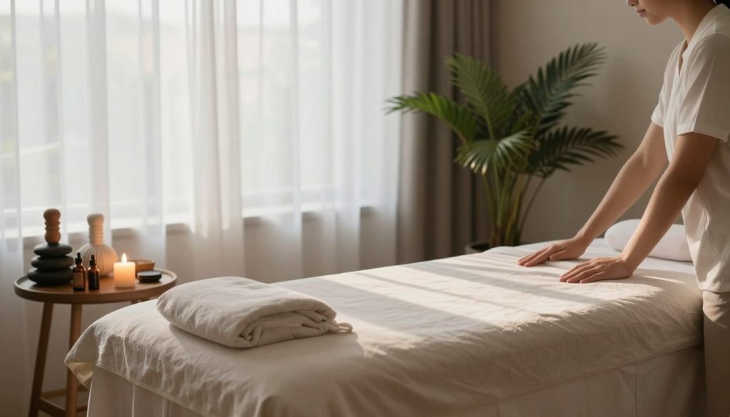 A serene and inviting massage therapy room showcasing modern techniques. In the foreground, a massage table is elegantly set with soft, neutral linens, reflecting a calm atmosphere. On a side table, various massage tools like basalt stones, essential oils, and a softly glowing candle create a soothing ambiance. In the middle ground, large windows with sheer curtains allow soft, natural light to filter in, highlighting the tranquil setting and casting gentle shadows. The background reveals a lush indoor plant arrangement, enhancing the feeling of relaxation. The overall mood is peaceful and rejuvenating, perfect for illustrating cutting-edge approaches to massage therapy. The image should emphasize a harmonious blend of nature and wellness, with a focus on warmth and comfort.