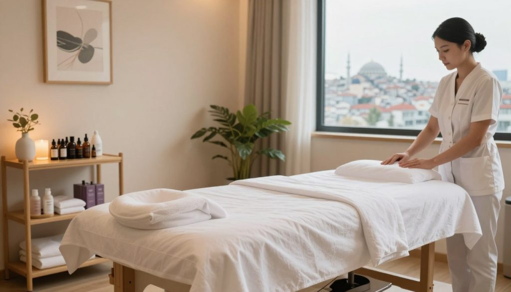 A serene and inviting massage therapy room, showcasing strict hygiene and personnel standards. In the foreground, a neatly arranged massage table draped with clean, crisp linens. On a nearby shelf, organized essential oil bottles and skincare products hint at quality service. The middle ground features a soothing ambiance with soft lighting and calming decor, like plants and art reflecting relaxation. In the background, an open window reveals a glimpse of the vibrant Istanbul skyline, conveying professionalism and tranquility. The scene captures a sense of well-being and attention to detail, emphasizing the importance of quality standards in massage services. The color palette is warm and soothing, with soft light creating a peaceful atmosphere.