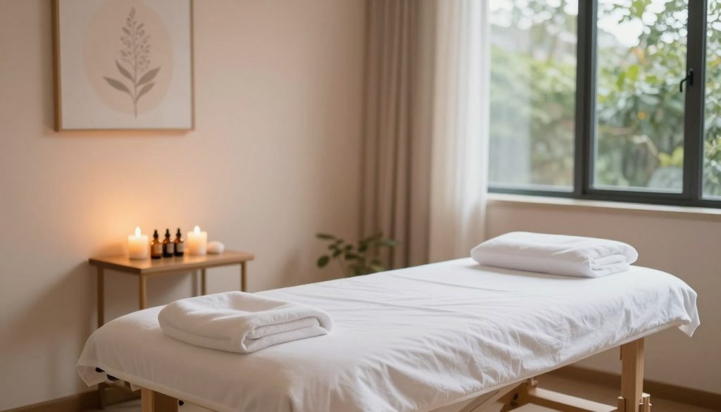 A serene and inviting massage therapy room with soft lighting casting a warm glow. In the foreground, a neatly arranged massage table is centered, adorned with clean, crisp sheets. To the side, a small table holds soothing essential oils and aromatic candles, creating a calming atmosphere. The walls are painted in soft pastel tones, accented with gentle artwork depicting nature. In the background, a large window allows natural light to filter in, revealing a glimpse of lush greenery outside. The overall mood is tranquil and professional, ideal for a massage therapy environment. The image conveys a sense of relaxation and wellness, emphasizing hygiene and professionalism in massage practices.