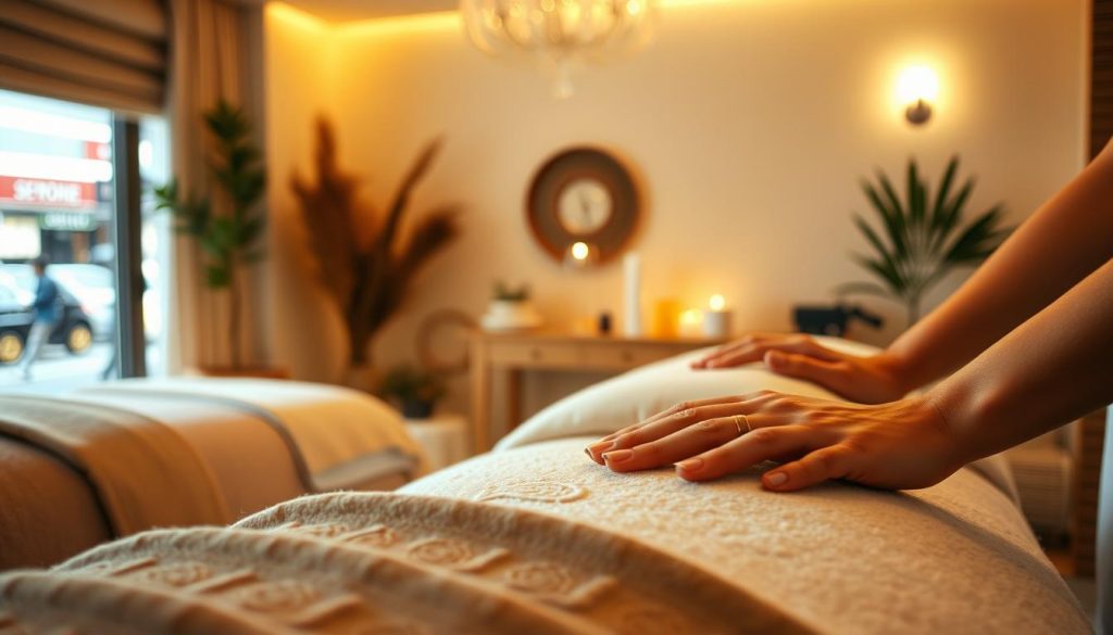 A serene and inviting scene of Beşiktaş's premier massage therapists, captured in a warm, ambient setting. The foreground showcases the skilled hands of the therapists, gently working to alleviate tension and promote relaxation. The middle ground features a soothing, minimalist treatment room, with soft lighting and natural elements, creating a calming atmosphere. The background subtly hints at the vibrant energy of Beşiktaş, with a glimpse of the bustling streets outside, yet maintaining a sense of tranquility. The overall composition conveys the expertise, professionalism, and commitment to well-being that these Beşiktaş massage therapists are known for.