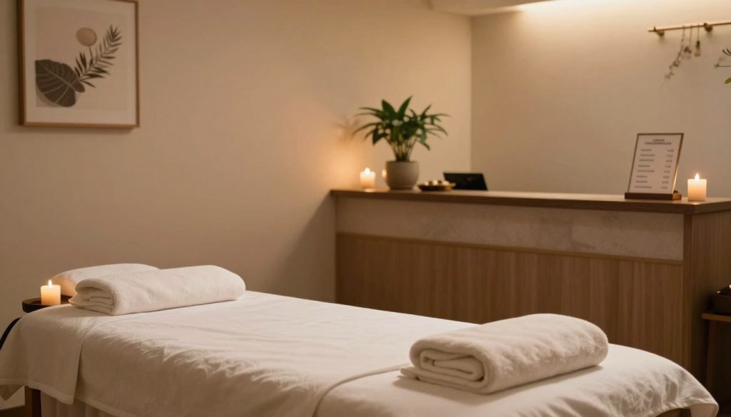 A serene and inviting spa environment, featuring a well-appointed massage room with soft, ambient lighting that creates a calming atmosphere. In the foreground, a beautifully arranged massage table with fresh towels and aromatic candles on either side. The middle section includes decorative elements like potted plants and soothing art on the walls, indicating a professional wellness setting. In the background, a stylish reception desk with a pricing menu displayed subtly on the side, hinting at the topic of current price ranges without text. Soft shadows and warm colors enhance the tranquil mood, reminiscent of relaxation and self-care. The overall composition exudes professionalism and comfort, appealing to those seeking massage services.