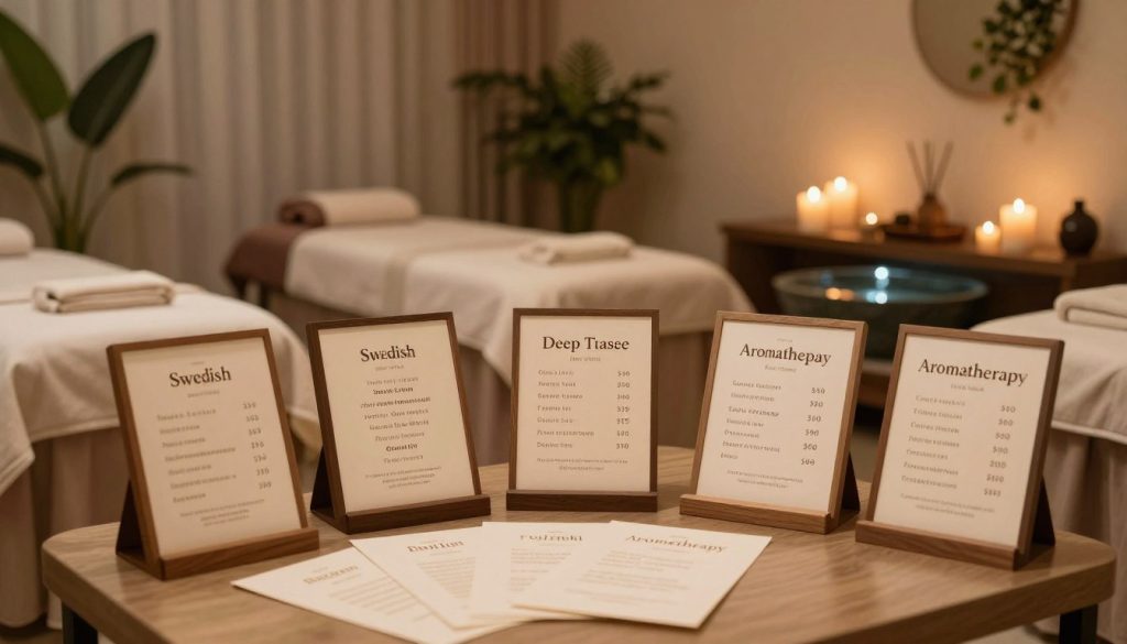 A serene and inviting spa environment showcasing a variety of massage prices and packages displayed artistically. In the foreground, a beautifully arranged table featuring elegant price cards for different massage types, such as Swedish, deep tissue, and aromatherapy, each with varying durations. The middle ground displays a soothing massage room with soft, ambient lighting, candles flickering gently, and calming decor, evoking a peaceful atmosphere. The background features lush indoor plants and a tranquil water feature, enhancing the soothing ambiance. The overall color scheme should be warm and inviting, with soft earth tones and subtle lighting to reflect relaxation and luxury. The image must convey a sense of professionalism and tranquility, ideal for showcasing massage services in Istanbul.