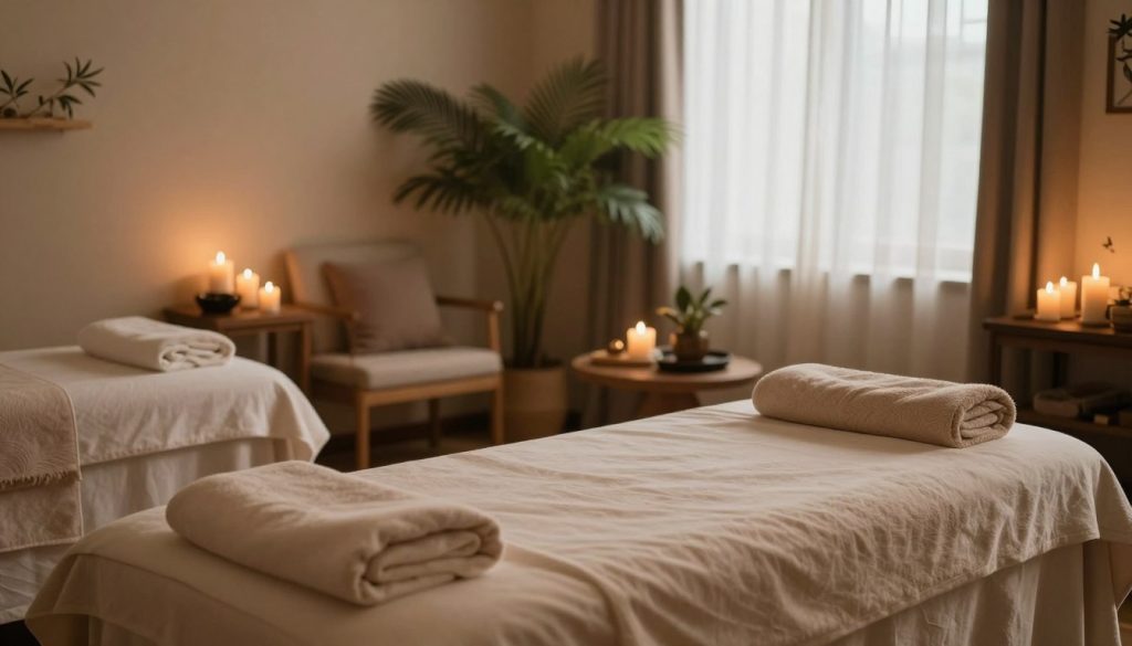 A serene and inviting spa environment showcasing a variety of massage therapy settings. In the foreground, a beautifully arranged massage table with soft, plush linens and aromatherapy candles gently flickering. In the middle, a tranquil room featuring comfortable seating, lush plants, and calming decorative elements such as bamboo and soft textiles. The background presents a softly lit window with sheer curtains, filtering in natural light to create a warm and soothing ambiance. The overall mood is peaceful and relaxing, evoking a sense of comfort and escape. The image should have a warm color palette, with soft shadows enhancing the serene atmosphere. No humans or text present.