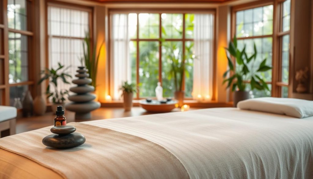 A serene and inviting spa environment showcasing various types of massage experiences. In the foreground, a beautifully arranged massage table adorned with soft, neutral-toned linens, surrounded by essential oil bottles and smooth stones for hot stone therapy. In the middle, a soothing indoor scene featuring delicate Thai and Swedish massage elements, such as a calm water fountain and bamboo plants, creating a tranquil atmosphere. In the background, soft ambient lighting casts a warm glow, with lush greenery visible through large windows, enhancing the sense of relaxation. The overall mood is peaceful and rejuvenating, evoking a blend of tradition and modernity in the art of massage.
