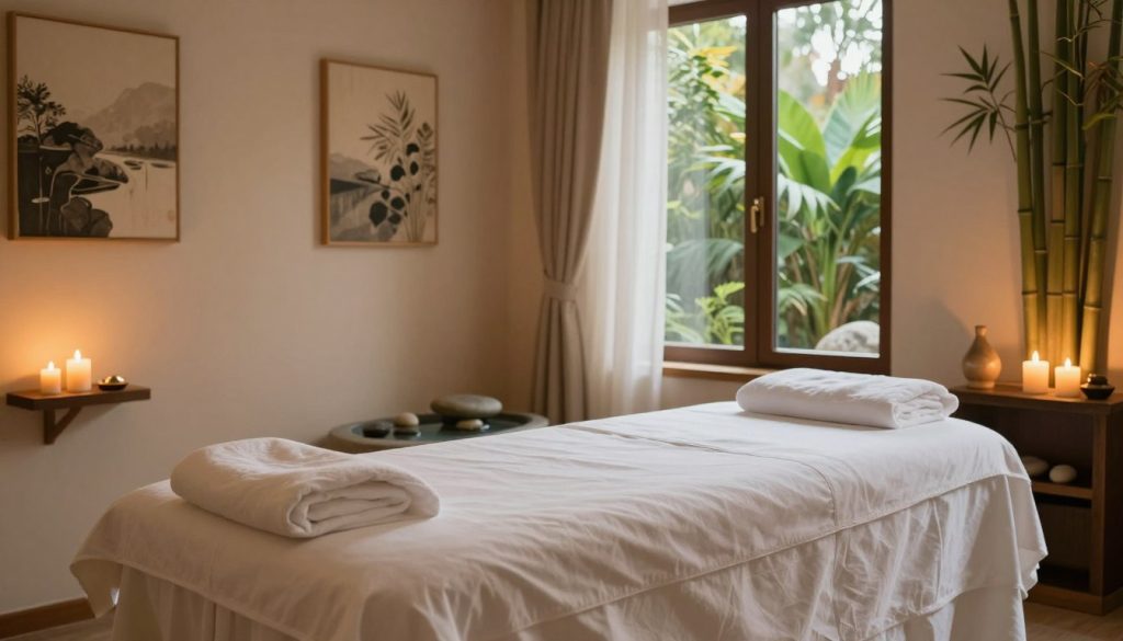 A serene and inviting spa interior in Istanbul, featuring a luxurious massage room. The foreground showcases a beautifully arranged massage table draped in soft, white linens, with candles flickering on either side, casting a warm glow. In the middle ground, there's a large window with sheer curtains softening the sunlight, revealing a view of lush greenery outside. The walls are adorned with calming artwork and bamboo accents, enhancing the tranquil atmosphere. In the background, you can see a soothing water feature with smooth stones, creating a peaceful sound. The overall lighting is soft and ambient, evoking a sense of relaxation and comfort, ideal for a rejuvenating massage experience.