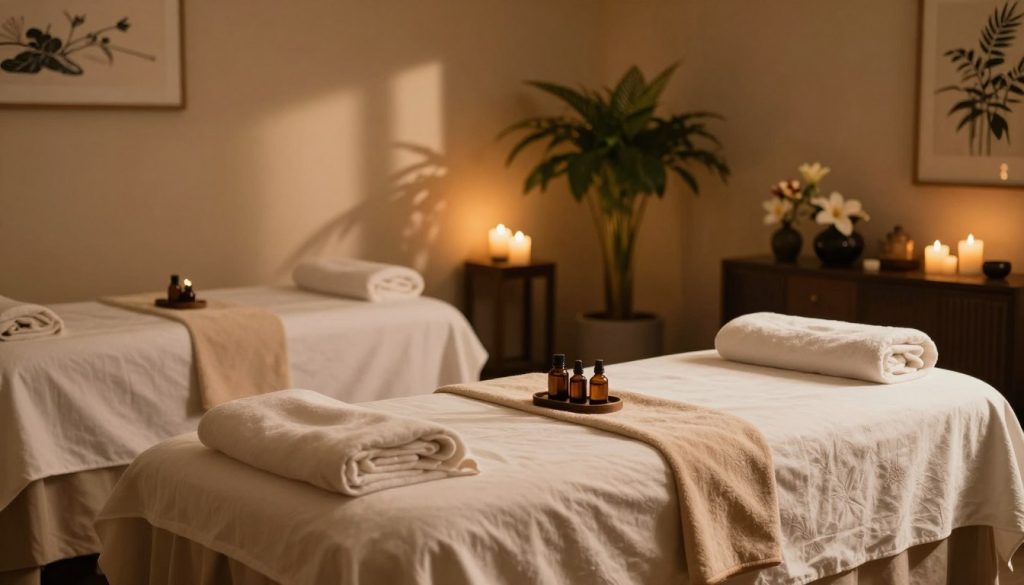 A serene and inviting spa interior showcasing various massage options. In the foreground, a beautifully arranged massage table with soft linens and essential oils displayed, evoking a sense of calm. The middle ground features elegant decor, such as potted plants and soft lighting, creating a warm ambiance. In the background, a tranquil atmosphere with dimmed lights and subtle artwork enhances the relaxing environment. Soft shadows play across the room, emphasizing the peaceful atmosphere. Include elements like soothing candles and fresh flowers to add a touch of luxury. The image should capture the essence of traditional and unique massage therapies, inviting viewers to experience relaxation and rejuvenation in this calming setting. A serene and inviting spa interior showcasing various massage options. In the foreground, a beautifully arranged massage table with soft linens and essential oils displayed, evoking a sense of calm. The middle ground features elegant decor, such as potted plants and soft lighting, creating a warm ambiance. In the background, a tranquil atmosphere with dimmed lights and subtle artwork enhances the relaxing environment. Soft shadows play across the room, emphasizing the peaceful atmosphere. Include elements like soothing candles and fresh flowers to add a touch of luxury. The image should capture the essence of traditional and unique massage therapies, inviting viewers to experience relaxation and rejuvenation in this calming setting.