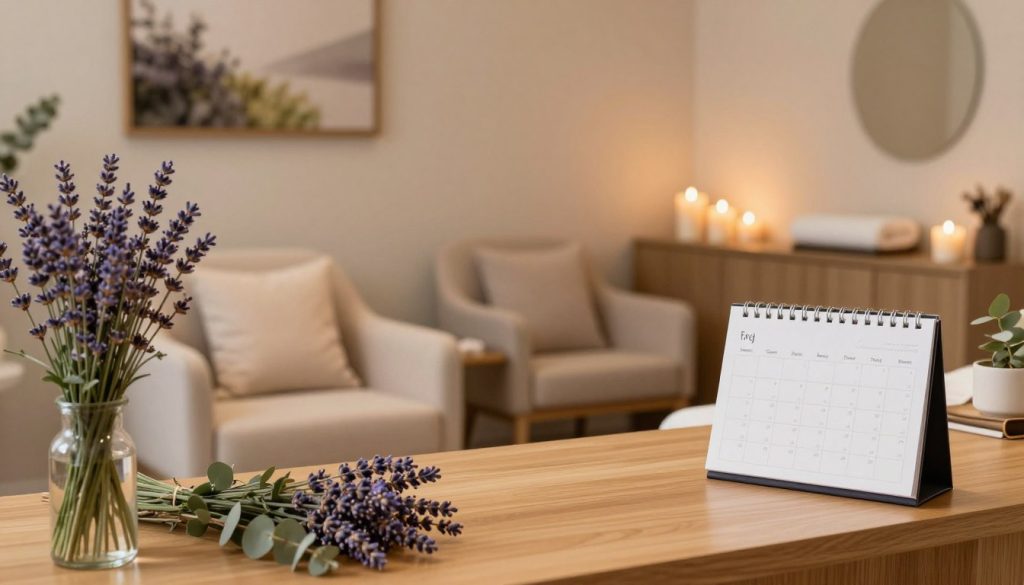 A serene and inviting spa reception area, elegantly decorated with soft, neutral colors. In the foreground, a wooden desk displays a beautifully arranged bouquet of calming lavender and eucalyptus. A stylish appointment calendar is subtly placed on the desk, hinting at the booking of massage services. In the middle, a plush, comfortable waiting area features sleek chairs with soft throw pillows, creating a relaxing atmosphere. The background showcases a tranquil wellness room with dim lighting, featuring soothing candles and a framed artwork of nature. The scene is bathed in warm, golden light, conveying a sense of calm and professionalism, ideal for planning the perfect massage appointment. A serene and inviting spa reception area, elegantly decorated with soft, neutral colors. In the foreground, a wooden desk displays a beautifully arranged bouquet of calming lavender and eucalyptus. A stylish appointment calendar is subtly placed on the desk, hinting at the booking of massage services. In the middle, a plush, comfortable waiting area features sleek chairs with soft throw pillows, creating a relaxing atmosphere. The background showcases a tranquil wellness room with dim lighting, featuring soothing candles and a framed artwork of nature. The scene is bathed in warm, golden light, conveying a sense of calm and professionalism, ideal for planning the perfect massage appointment.