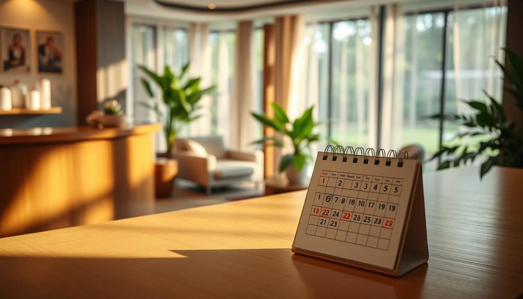 A serene and inviting spa reservation scene, focusing on a beautifully arranged reception area. In the foreground, a stylish wooden reception desk with a small calendar open, showcasing dates marked for appointments. Soft, warm lighting illuminates the space, casting gentle shadows that enhance the relaxed atmosphere. In the middle ground, plush seating and calming green plants add to the tranquil environment. The background features large windows with sheer curtains allowing natural light to flow in, revealing glimpses of a peaceful garden outside. The overall mood is one of relaxation and professionalism, suggesting effective time management and discount opportunities. The color palette consists of soft earth tones and soothing greens, enhancing the overall sense of calm.