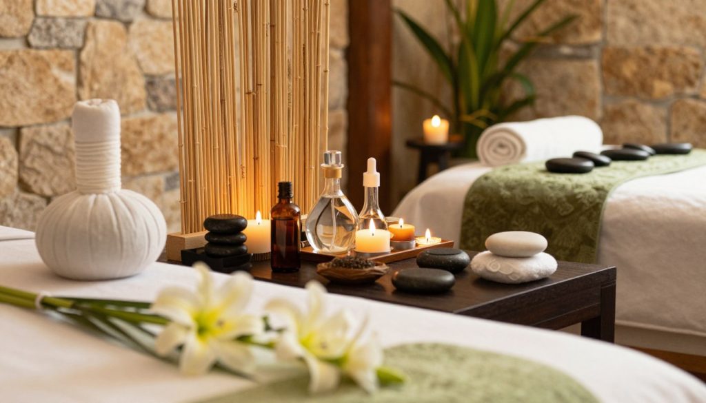 A serene and inviting spa setting featuring a variety of massage types beautifully arranged. In the foreground, showcase a tranquil massage table adorned with fresh flowers and scented candles. In the middle, include visual elements representing different massage styles, such as a bamboo backdrop for traditional Asian massage, smooth stones for hot stone therapy, and aromatic oils for aromatherapy displayed in elegant glass bottles. The background should depict a softly lit spa environment with natural elements like stone walls and plants that evoke relaxation. Utilize warm, soft lighting to create a calming atmosphere, with a focus on rich textures and soothing colors like light greens, browns, and creams, ensuring the scene feels peaceful and welcoming.