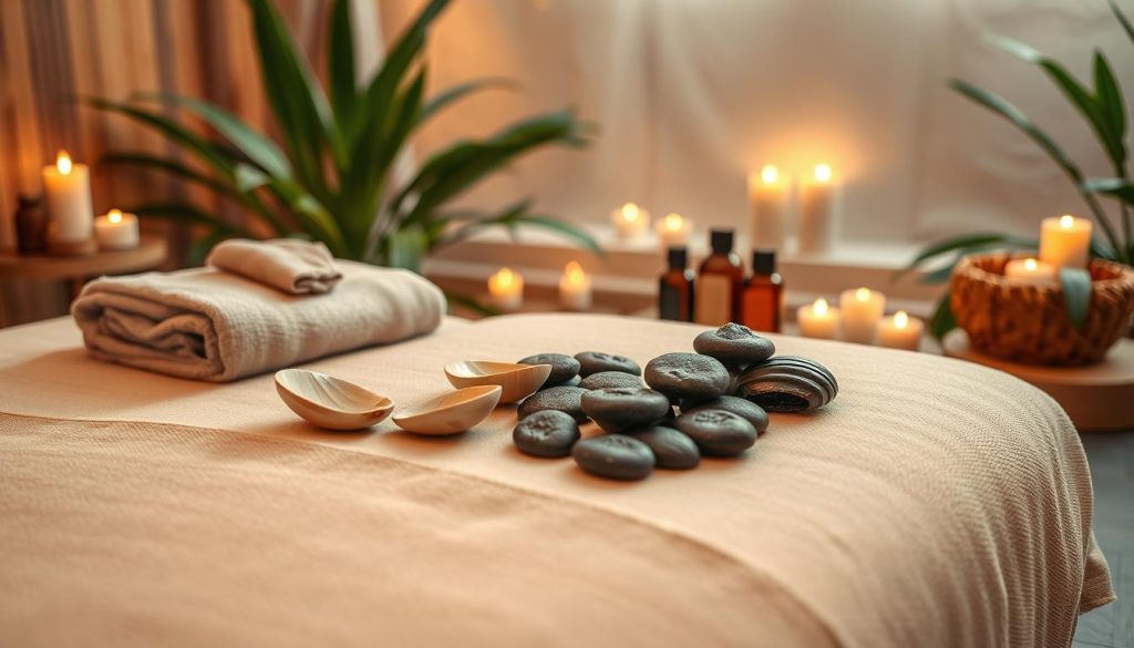 A serene and inviting spa setting focused on "Lava Shell Therapy." In the foreground, a polished wooden massage table adorned with soft, neutral-toned towels and natural shell tools exuding warmth. In the middle ground, various lava shells arranged aesthetically, alongside calming essential oils, inviting relaxation. The background features a tranquil environment with softly lit candles and lush green plants, creating a sense of peace. Soft, warm lighting casts gentle shadows, enhancing the soothing atmosphere. The overall mood is calm and rejuvenating, ideal for a wellness retreat. The scene captures the essence of unique massage therapies, focusing on natural materials and serenity, devoid of any human presence or text.
