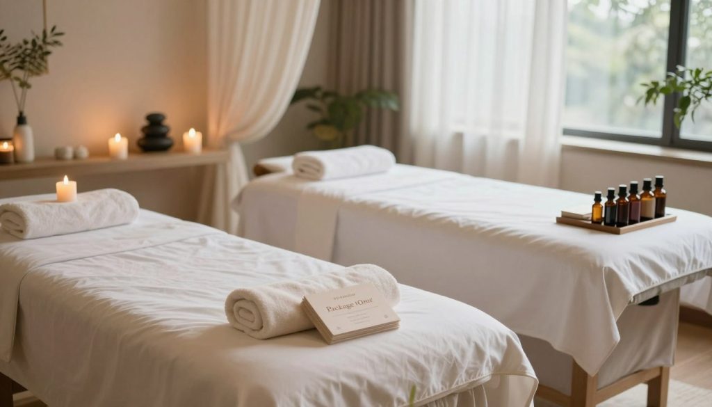 A serene and inviting spa setting showcasing a comparison between a single massage session and a package of sessions. In the foreground, display two elegant massage tables: one neatly prepared for a single session, adorned with fresh towels and aromatic candles, and another representing a package option, featuring a small stack of appointment cards and an array of essential oils. In the middle ground, add soothing elements like soft, draped fabric and tranquil stones to enhance the atmosphere. The background should include a peaceful spa ambiance with soft, diffused lighting, large windows allowing natural light to filter through delicate curtains, and plants adding a touch of greenery. The overall mood should be calming and luxurious, evoking feelings of relaxation and wellness.