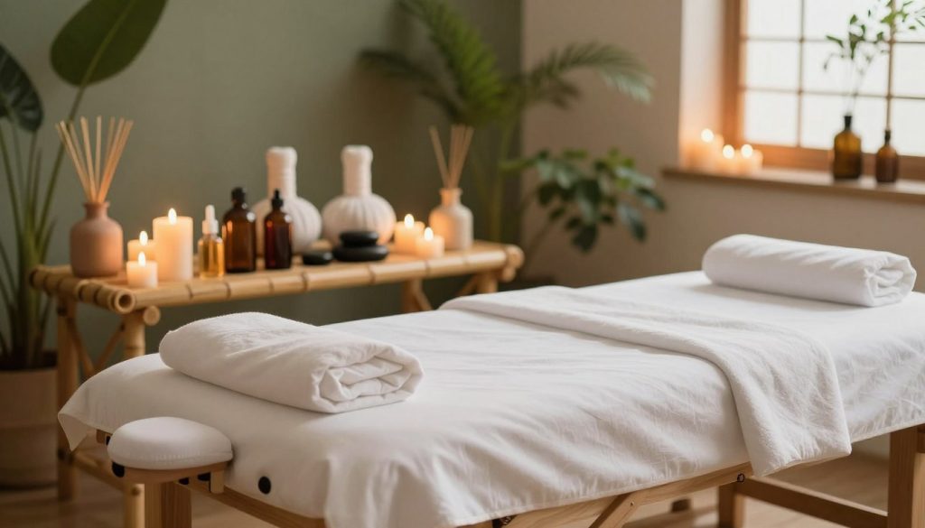 A serene and inviting spa setting showcasing a variety of massage tools and elements representative of popular massage types. In the foreground, an elegant wooden massage table adorned with soft white linens, surrounded by candles casting a warm, soothing glow. In the middle ground, an array of massage oils, stones, and aromatic diffusers displayed on a bamboo shelf, with a backdrop of lush, green plants that evoke a tranquil atmosphere. The background features soft, diffused lighting, creating a calm and peaceful ambiance. The overall mood should be relaxing and rejuvenating, highlighting the essence of well-being and self-care, perfect for illustrating the theme of popular massage types. A serene and inviting spa setting showcasing a variety of massage tools and elements representative of popular massage types. In the foreground, an elegant wooden massage table adorned with soft white linens, surrounded by candles casting a warm, soothing glow. In the middle ground, an array of massage oils, stones, and aromatic diffusers displayed on a bamboo shelf, with a backdrop of lush, green plants that evoke a tranquil atmosphere. The background features soft, diffused lighting, creating a calm and peaceful ambiance. The overall mood should be relaxing and rejuvenating, highlighting the essence of well-being and self-care, perfect for illustrating the theme of popular massage types.
