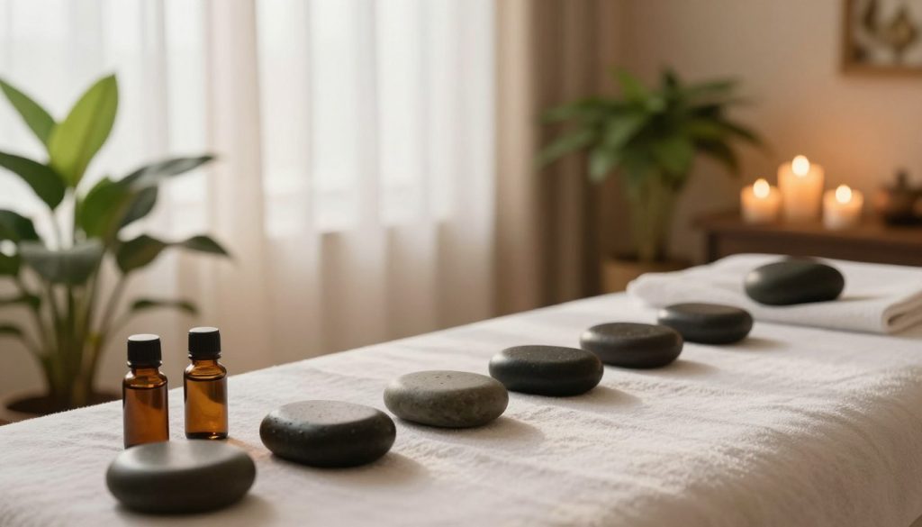 A serene and inviting spa setting showcasing an aroma therapy hot stone massage experience. In the foreground, a neatly arranged therapy table adorned with smooth, heated stones and aromatic essential oils, creating a sense of calm. The middle ground features flickering candles and lush green plants, enhancing the soothing atmosphere. In the background, soft, diffused lighting creates a warm glow, while light, sheer curtains allow natural sunlight to gently illuminate the space. The overall mood is tranquil and relaxing, emphasizing wellness and rejuvenation. The composition is framed with a slightly angled perspective to create depth, inviting the viewer into this peaceful sanctuary.