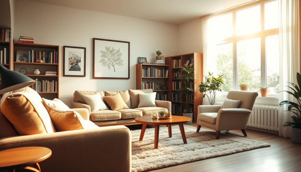 A serene and inviting therapy session, with a warm, natural lighting that illuminates the comfortable, cozy setting. The scene depicts a cozy living room or home office, with a plush sofa, armchair, and a coffee table arranged in a conversational layout. Soft textures, such as a plush rug and throw pillows, create a sense of relaxation. Bookshelves line the walls, hinting at the intellectual and emotional depth of the space. A large, picture window allows natural light to flood the room, casting a gentle glow and fostering a sense of openness and connection to the outside world. The overall atmosphere is one of tranquility, introspection, and the nurturing of social and emotional well-being.