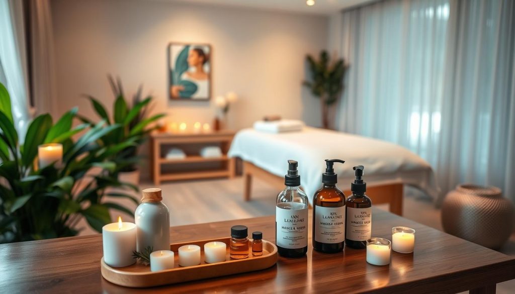 A serene and inviting wellness spa environment, showcasing a tranquil treatment room prepared for a massage session. In the foreground, neatly arranged massage oils and aromatherapy candles on a polished wooden table, exuding soothing scents. Soft, ambient lighting bathes the space in warm hues, while lush green plants add a calming touch. In the middle background, a plush treatment table draped in a soft, white linen, inviting relaxation. The walls are adorned with calming artwork and gentle colors, creating a peaceful atmosphere. A hint of natural light flows through sheer curtains, enhancing the serene ambiance. The overall mood is serene and inviting, emphasizing relaxation and self-care in a professional setting.