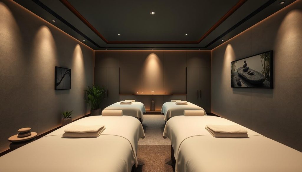 A serene and luxurious corporate spa retreat, featuring a spacious, dimly lit treatment room with plush massage tables, soft lighting, and a tranquil atmosphere. The room is adorned with soothing natural elements, such as potted plants, smooth river stones, and calming artwork on the walls. Soft, diffused lighting from hidden sources creates a warm, inviting ambiance, while the sound of gentle music and the faint scent of essential oils transport the viewer to a peaceful, rejuvenating experience. The room is captured from an angle that emphasizes the relaxing and professional setting, perfectly suited for a corporate VIP massage package. A serene and luxurious corporate spa retreat, featuring a spacious, dimly lit treatment room with plush massage tables, soft lighting, and a tranquil atmosphere. The room is adorned with soothing natural elements, such as potted plants, smooth river stones, and calming artwork on the walls. Soft, diffused lighting from hidden sources creates a warm, inviting ambiance, while the sound of gentle music and the faint scent of essential oils transport the viewer to a peaceful, rejuvenating experience. The room is captured from an angle that emphasizes the relaxing and professional setting, perfectly suited for a corporate VIP massage package.