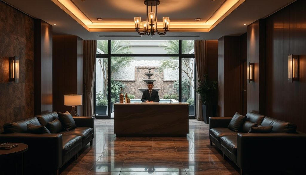 A serene and luxurious interior of an Istanbul spa and massage center. The scene features a tranquil, dimly lit lobby with plush leather couches, elegant light fixtures, and a calming water feature. The walls are adorned with natural stone and wood paneling, creating a warm, inviting atmosphere. In the middle ground, a reception desk with a polished marble top stands, manned by a discreet staff member. The background showcases a view of a secluded courtyard garden, with lush greenery and a soothing water fountain. The overall mood is one of relaxation, pampering, and an escape from the bustling city outside.