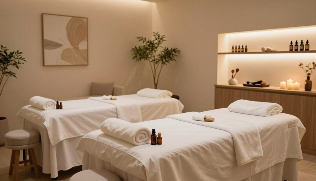 A serene and luxurious professional massage salon interior, featuring elegantly arranged treatment rooms with soft ambient lighting. Each room showcases calming colors, plush massage tables draped in crisp, white linens, and subtle decorative touches like candles and natural elements. In the foreground, a beautifully arranged massage table is set up with soothing essential oils and warm towels, creating an inviting atmosphere. The middle ground reveals a tranquil waiting area with comfortable seating and calming artwork, punctuated by gentle greenery. The background includes softly lit shelves displaying aromatic oils and massage tools. The overall mood is peaceful and rejuvenating, evoking a sense of professionalism and relaxation in a high-quality spa environment.