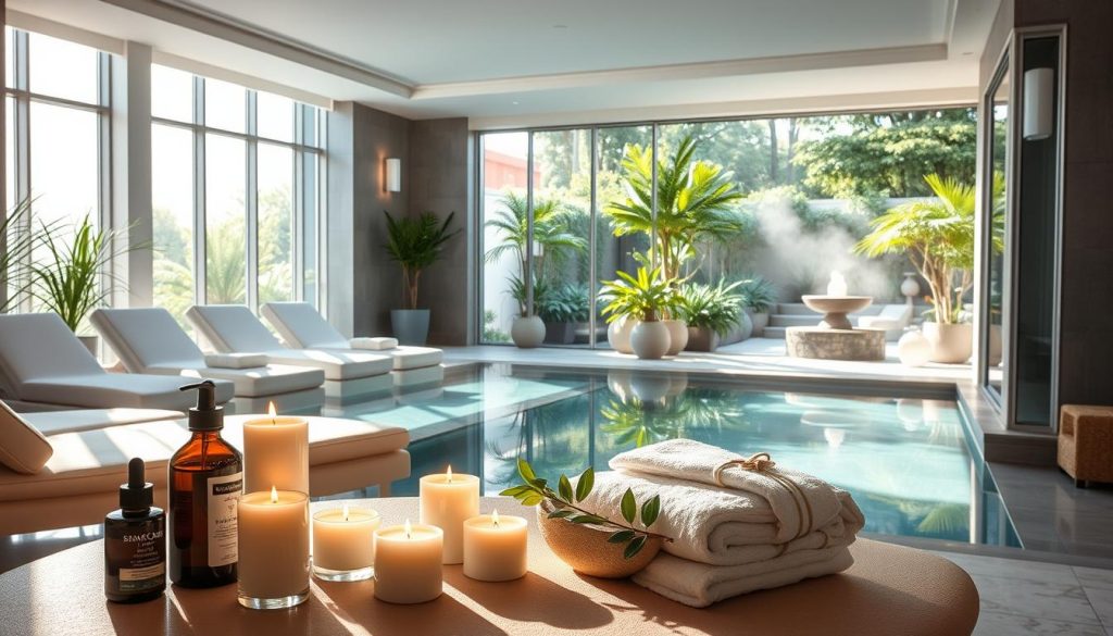 A serene and luxurious spa experience in Istanbul, with a sunlit indoor pool, plush lounge chairs, and soothing botanical decor. Soft lighting filters through large windows, casting a warm glow over the tranquil space. In the foreground, a selection of pampering spa amenities, such as massage oils, scented candles, and fluffy towels, invite visitors to indulge in a moment of relaxation. The middle ground features a spacious sauna, its steam rising gently, while the background showcases a serene outdoor garden, lush with verdant foliage and a calming water feature. The overall atmosphere evokes a sense of rejuvenation and well-being, perfectly capturing the essence of Istanbul's thriving wellness culture.