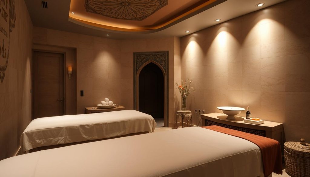 A serene and luxurious spa interior with plush massage tables, dim lighting, and calming, earth-toned decor. Soft, diffused lighting illuminates the space, creating a soothing and tranquil atmosphere. Elegant Turkish motifs and textures, such as intricate tile patterns and rich fabrics, adorn the walls and furnishings. The scene evokes a sense of relaxation and rejuvenation, inviting the viewer to imagine the experience of an exceptional massage in one of Istanbul's premier wellness destinations.