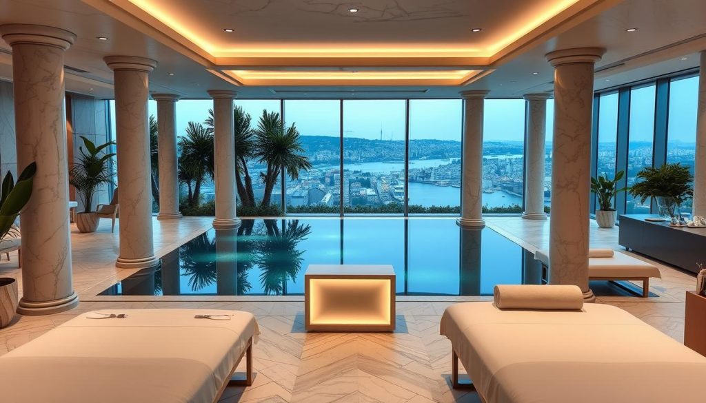 A serene and luxurious spa retreat in the heart of Istanbul, showcasing a tranquil indoor pool surrounded by elegant marble columns and lush greenery. Soft, diffused lighting from overhead fixtures casts a warm, inviting glow, creating a soothing atmosphere. In the foreground, plush lounge chairs and cozy treatment tables invite visitors to indulge in rejuvenating massage therapies and revitalizing skin treatments. The middle ground features a sleek, modern reception desk, while the background reveals a panoramic view of the city's iconic skyline through large windows, blending the urban environment with the sanctuary-like ambiance of the spa. A serene and luxurious spa retreat in the heart of Istanbul, showcasing a tranquil indoor pool surrounded by elegant marble columns and lush greenery. Soft, diffused lighting from overhead fixtures casts a warm, inviting glow, creating a soothing atmosphere. In the foreground, plush lounge chairs and cozy treatment tables invite visitors to indulge in rejuvenating massage therapies and revitalizing skin treatments. The middle ground features a sleek, modern reception desk, while the background reveals a panoramic view of the city's iconic skyline through large windows, blending the urban environment with the sanctuary-like ambiance of the spa.