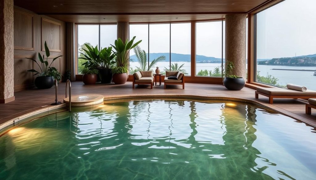 A serene and luxurious spa setting within the Six Senses Kocataş Mansions. The foreground features a tranquil indoor pool surrounded by natural stone and warm lighting, creating a cozy and rejuvenating atmosphere. The middle ground showcases elegant wooden furnishings and lush greenery, suggesting a holistic and sustainable design approach. In the background, glimpses of the Bosphorus can be seen through the large windows, adding a calming connection to the natural landscape. The overall mood is one of relaxation, wellness, and a commitment to mindful, eco-friendly practices, reflecting the ethos of the Six Senses brand.