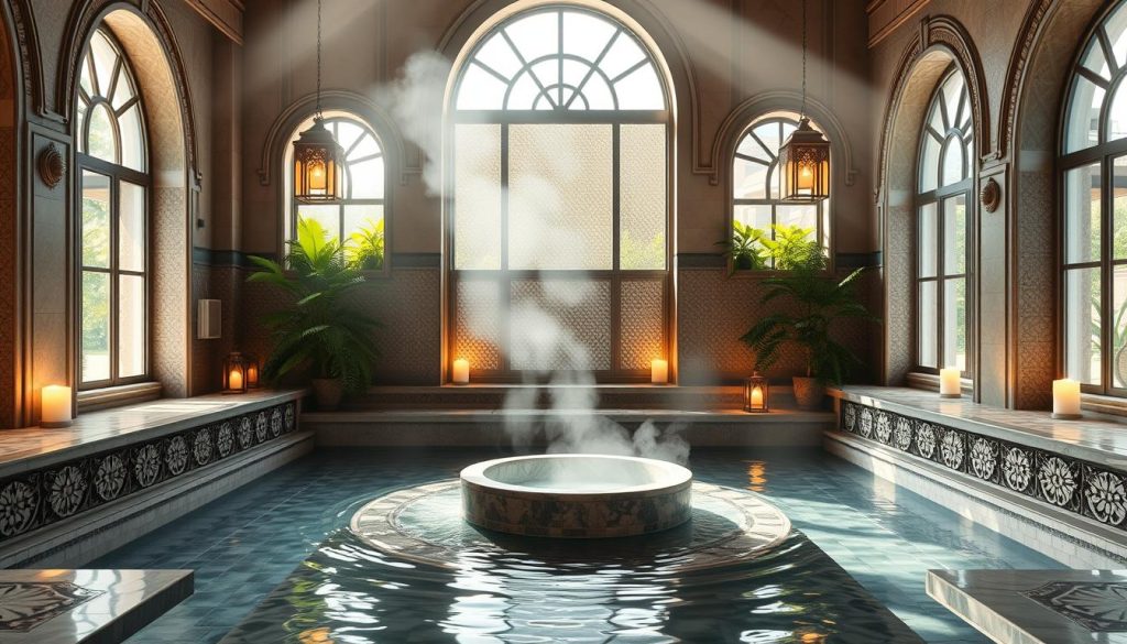 A serene and luxurious turkish hamam scene showcasing a beautiful blend of traditional and modern spa culture. In the foreground, intricately carved marble benches and a central basin filled with soothing water. The middle layer features softly glowing mosaic tiles reflecting natural sunlight streaming through large arched windows. Steam gently rises, creating an ethereal atmosphere. In the background, decorative lanterns cast warm, inviting light, enhancing the tranquil ambiance. The design incorporates lush greenery around the windows, symbolizing nature and renewal. The overall mood is peaceful and rejuvenating, ideal for relaxation and self-care, emphasizing the rich historical essence of the Ottoman hamam while hinting at contemporary spa elements.