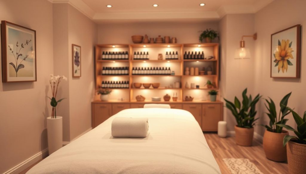 A serene and meticulously organized massage studio interior, showcasing a clean, inviting atmosphere focused on hygiene and professionalism. In the foreground, display a neatly arranged massage table with fresh linens, warm lighting emphasizing cleanliness. In the middle background, highlight shelves filled with essential oils and massage tools, each labeled and stored properly, symbolizing expertise in the craft. Soft, ambient lighting creates a calming vibe, enhancing the sense of safety and trust. The walls are adorned with soothing art and fresh plants that promote relaxation, with a gentle color palette of creams and soft blues. The overall mood is tranquil and assuring, reflecting a high standard of cleanliness and expertise without any human presence.
