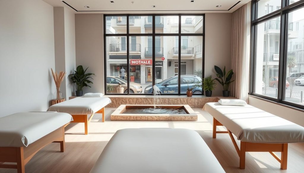A serene and modern massage therapy studio, filled with natural light and minimalist decor. In the foreground, sleek massage tables are neatly arranged, their clean lines complemented by the soft, muted tones of the room. The middle ground features a calming water feature, its gentle sounds creating a soothing ambiance. In the background, large windows offer a glimpse of the bustling Anatolian neighborhood outside, while maintaining a tranquil, zen-like atmosphere within. The lighting is soft and diffused, highlighting the natural textures and materials used throughout the space. An inviting, contemporary interpretation of traditional Turkish massage therapies.