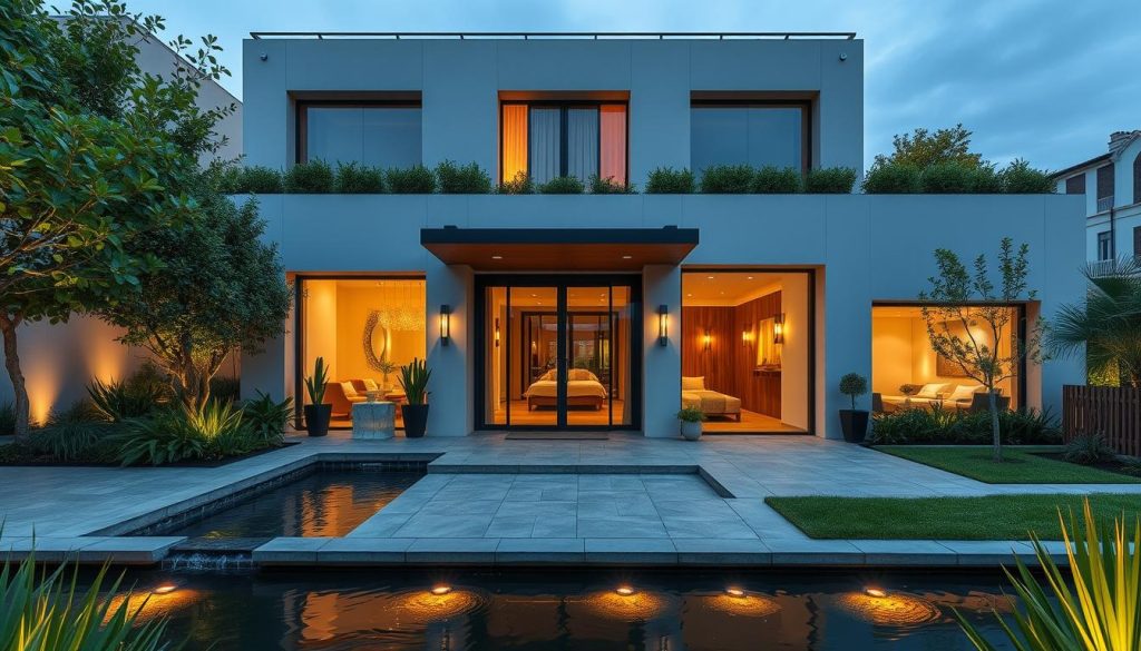 A serene and modern spa facility nestled within the bustling urban landscape of Ataşehir. The building's clean, minimalist exterior is accented by lush greenery and a tranquil water feature. Warm lighting illuminates the elegant entryway, inviting visitors to step inside and experience the soothing ambiance. The interior features a calming palette of natural materials, such as wood and stone, creating a harmonious and rejuvenating atmosphere. Plush lounge areas and private treatment rooms beckon, promising a blissful respite from the city's hustle and bustle. The scene conveys a sense of escape and relaxation, perfectly capturing the essence of an Ataşehir spa destination.