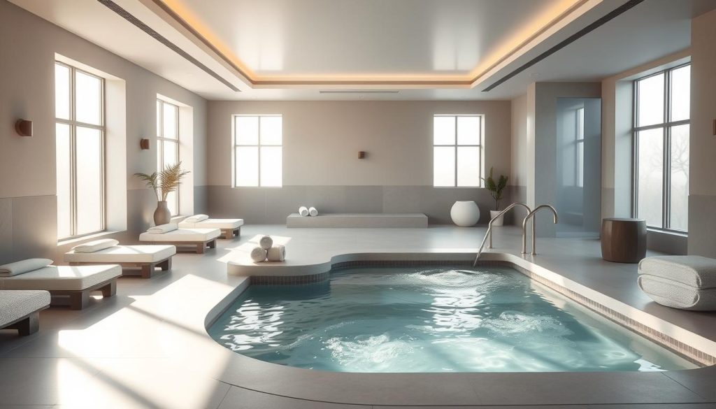 A serene and modern spa sanctuary, bathed in soft natural light filtering through large windows. Sleek, minimalist furnishings in calming hues of gray and white, creating a tranquil ambiance. A centerpiece feature is a luxurious and therapeutic hydrotherapy pool, its waters shimmering invitingly. Plush towels and robes await, while the air is infused with the soothing scents of essential oils. Gentle instrumental music plays in the background, complementing the overall sense of relaxation and rejuvenation. The scene exudes a harmonious blend of contemporary design and holistic wellness, promising a restorative experience for the mind, body, and spirit.