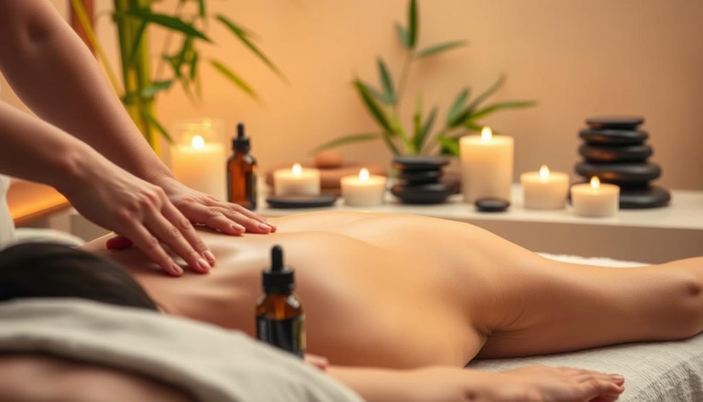 A serene and peaceful scene of various massage techniques being performed. In the foreground, skilled hands gently kneading and manipulating the muscles of a relaxed figure, their face obscured. In the middle ground, essential oils and soothing candles set the mood for a tranquil massage experience. The background is a softly lit, spa-like environment with natural elements such as bamboo, river stones, and verdant foliage, creating a harmonious and restorative atmosphere. Warm, diffused lighting casts a gentle glow, enhancing the calming ambiance. The composition emphasizes the expertise and care taken in administering these massage techniques, inviting the viewer to imagine the therapeutic benefits.