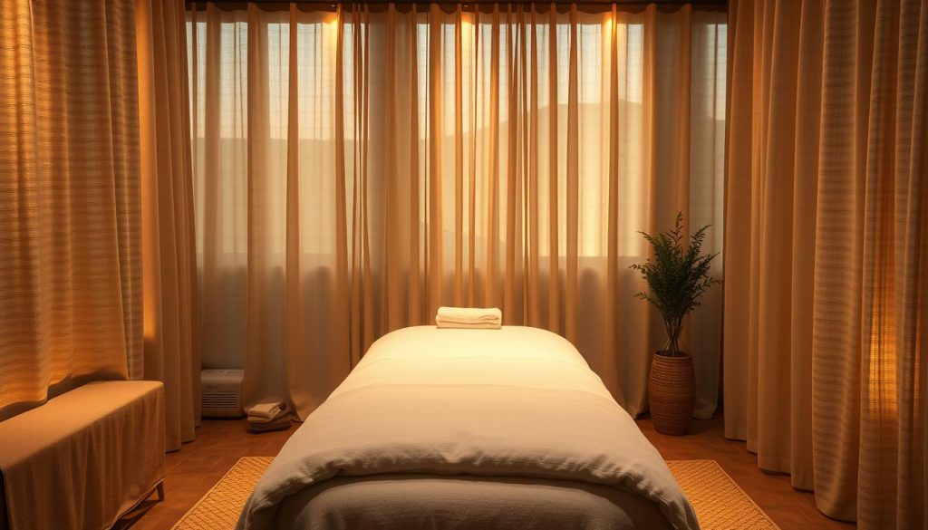 A serene and relaxing massage studio, dimly lit with warm lighting filtering through sheer curtains. Soft textured fabrics adorn the surfaces, while essential oil diffusers emit soothing aromas. In the center, a massage table draped in plush linens awaits, its elevated position highlighting the intricate massage techniques to be performed. The scene evokes a sense of tranquility and rejuvenation, the perfect setting to experience a range of massage modalities from classic Swedish to aromatherapy-infused treatments.