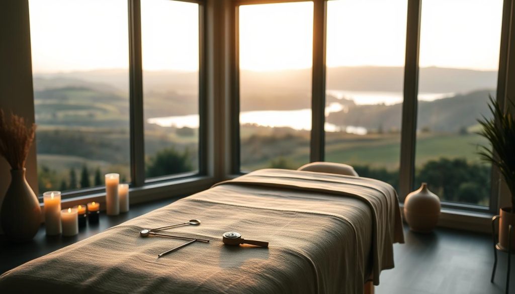 A serene and relaxing scene showcasing the benefits of medical massage. In a dimly lit room, a massage table stands in the foreground, surrounded by soothing candles and essential oil diffusers. The middle ground features an assortment of massage tools and implements, meticulously arranged to convey the expertise and care involved. In the background, a calming landscape of rolling hills and a tranquil lake is visible through a large window, bathed in warm, golden-hour lighting. The overall atmosphere exudes a sense of tranquility, healing, and the restorative power of medical massage.