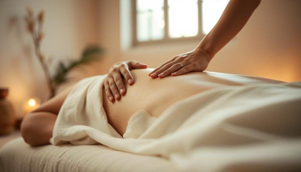 A serene and soothing scene of a classic massage technique. In the foreground, a pair of skilled hands gently kneading the muscles of a reclined figure, their form draped in soft, flowing fabrics. The middle ground features a tranquil, dimly lit room with calming colors and natural textures, creating an atmosphere of relaxation. In the background, delicate lighting filters through large windows, casting a warm and comforting glow. The overall composition conveys a sense of harmony, rejuvenation, and the profound restorative power of traditional massage practices.
