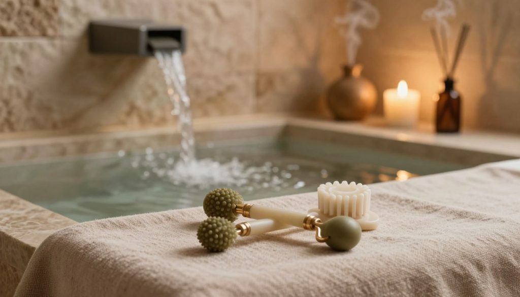 A serene and soothing wellness scene illustrating the benefits of perineal massage. In the foreground, a set of elegant massage tools arranged carefully on a soft, calming linen cloth, symbolizing relaxation and health. The middle ground features a gently flowing indoor water fountain, enhancing tranquility with its soft splashes. The background is a softly lit spa-like environment, with warm, ambient lighting that gives a peaceful glow to the stone walls and essential oil diffusers emitting gentle steam. The atmosphere is peaceful and inviting, evoking a sense of holistic well-being and self-care. The image conveys serenity, balance, and rejuvenation, ideal for a wellness-focused article.