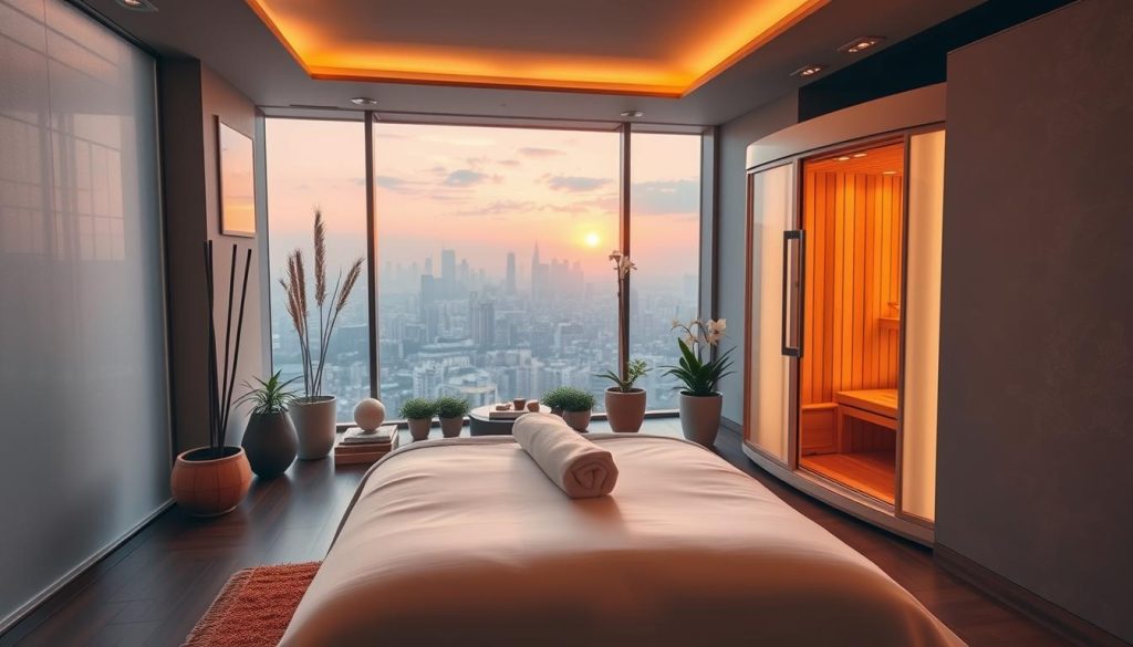 A serene and tranquil Japanese spa interior, bathed in warm, soft lighting. In the foreground, a traditional massage table with plush white linens. Nearby, a sleek and modern FAR-Infrared sauna, its soft, glowing panels radiating a calming heat. The middle ground features elegant, minimalist decor - bamboo accents, natural stone elements, and lush potted plants. The background showcases a stunning city skyline view, with the sun setting over the distant horizon. The atmosphere is one of peaceful relaxation, inviting the viewer to unwind and rejuvenate.