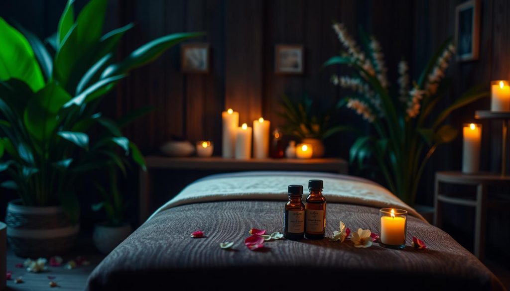 A serene and tranquil aromatherapy massage scene. A wooden massage table sits in a dimly lit room, adorned with soft lighting and the gentle glow of candles. Lush, verdant plants and delicate flower petals surround the table, emitting a calming, earthy aroma. Bottles of essential oils in various hues are artfully arranged, their labels barely visible. The scene exudes a sense of restorative peace and natural healing, inviting the viewer to experience the restorative power of aromatherapy and mindful relaxation.