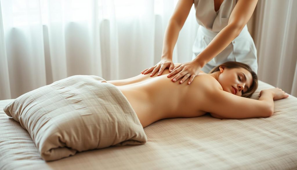 A serene and tranquil bedroom setting, showcasing a woman comfortably reclining on a plush, neutral-toned bed, her eyes closed in a state of relaxation. Soft, diffused lighting filters through sheer curtains, creating a calming, spa-like atmosphere. The woman's hands rest gently on her abdomen, as a skilled masseuse's hands glide along her back, performing the soothing, rhythmic strokes of the Swedish massage technique. The scene exudes a sense of wellness, self-care, and the rejuvenating power of this holistic, therapeutic practice within the comfort of one's own home. A serene and tranquil bedroom setting, showcasing a woman comfortably reclining on a plush, neutral-toned bed, her eyes closed in a state of relaxation. Soft, diffused lighting filters through sheer curtains, creating a calming, spa-like atmosphere. The woman's hands rest gently on her abdomen, as a skilled masseuse's hands glide along her back, performing the soothing, rhythmic strokes of the Swedish massage technique. The scene exudes a sense of wellness, self-care, and the rejuvenating power of this holistic, therapeutic practice within the comfort of one's own home.