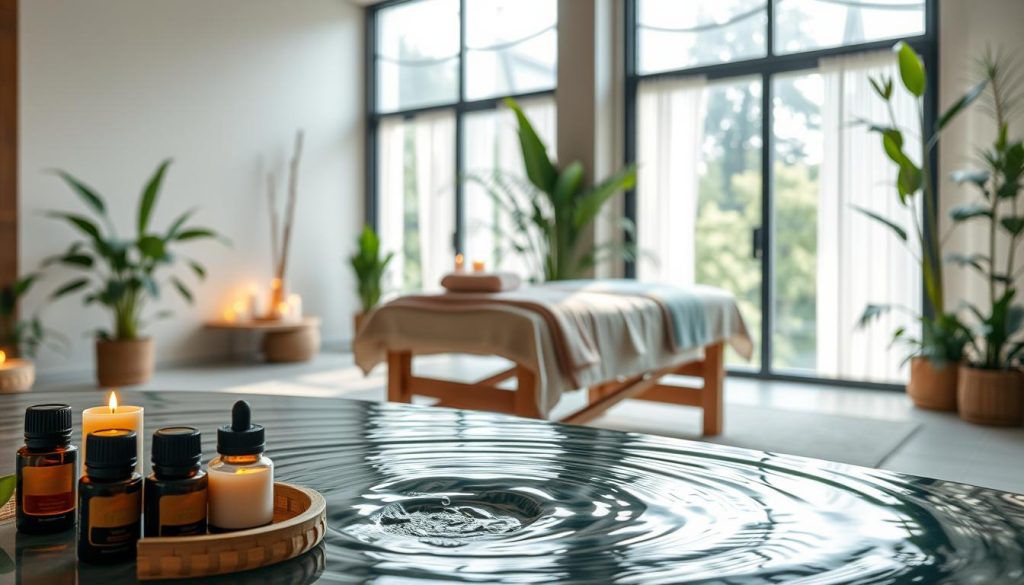 A serene and tranquil indoor spa setting, featuring a beautifully arranged massage table adorned with soft, natural fabrics and calming colors. In the foreground, essential oils and aromatic candles emit a gentle glow, creating a soothing ambiance. The middle ground showcases a subtle representation of flowing water, symbolizing relaxation and the release of stress. In the background, large windows allow soft, diffused sunlight to illuminate the space, enriching the atmosphere with warmth. The room is decorated with lush greenery and natural materials, enhancing the connection to nature. Overall, the image conveys peace, balance, and harmony, illustrating the mental and emotional benefits of massage therapy, evoking a sense of calm and wellness.