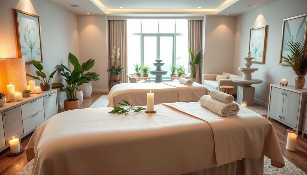 A serene and tranquil massage atmosphere showcasing a personalized session culture. In the foreground, a beautifully arranged massage table with soft linens and elegant decor, scattered with aromatic candles and lush plants. In the middle, a well-appointed room with soothing colors, natural light streaming through large windows, and gentle, calming artwork adorning the walls. The background features a cozy corner with a soothing water fountain and comfortable seating area, inviting relaxation. The overall mood is peaceful and rejuvenating, with a focus on wellness and tranquility. Ideal lighting captures the soft glow of the candles and the natural beauty of the space, highlighting its welcoming ambiance.