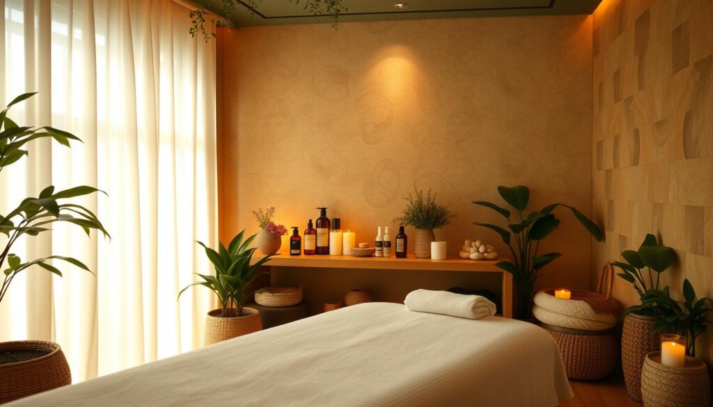 A serene and tranquil massage parlor, illuminated by soft, warm lighting and decorated with soothing plants and natural textures. In the foreground, a plush massage table invites relaxation, while the middle ground showcases various massage tools and oils. The background features calming, abstract patterns and textures, creating a zen-like atmosphere. The scene conveys a sense of total relaxation and rejuvenation, perfect for the "Bay Bayan Masaj Salonu İstanbul'da Sunduğumuz Hizmetler" section.